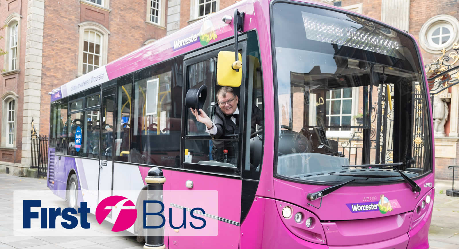 First Bus in Front of Guildhall Worcester with driver wearing Victorian outfit